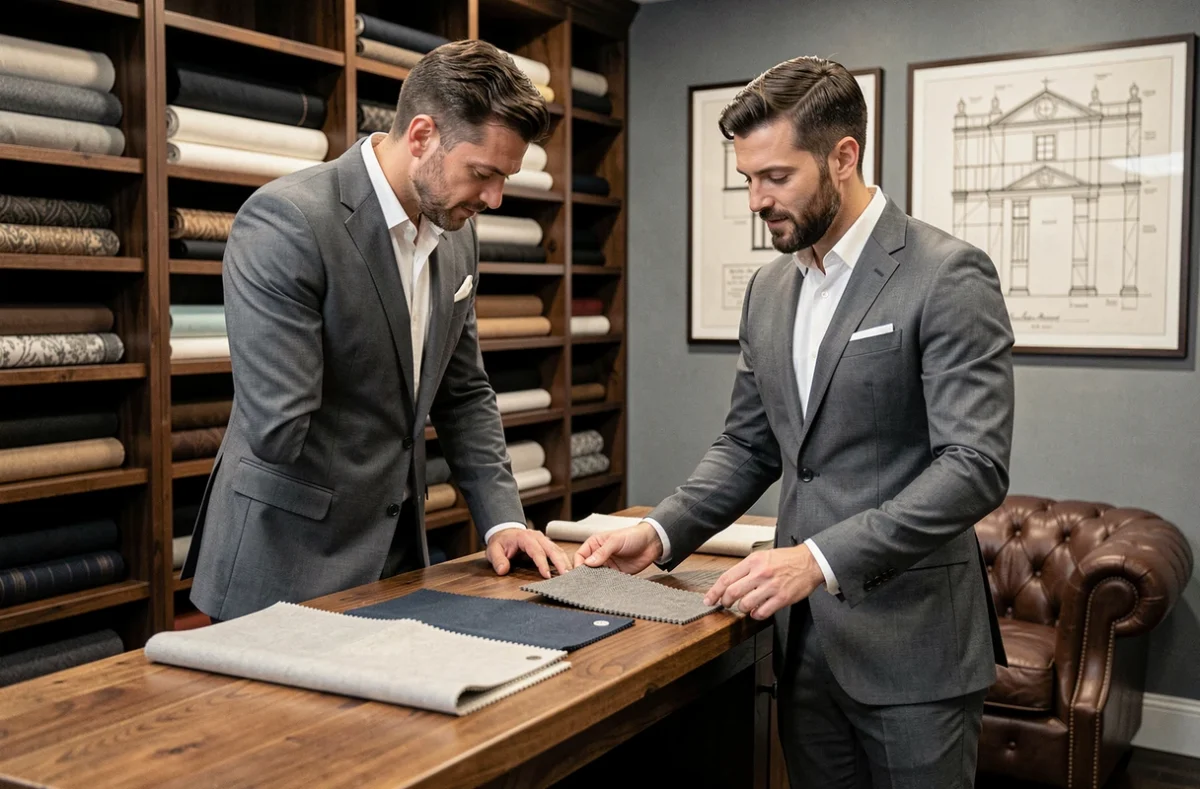 Un conseiller de La Mesure au Masculin présente des échantillons de tissu à un client dans une boutique de tailleurs pour hommes au style sobre et masculin.