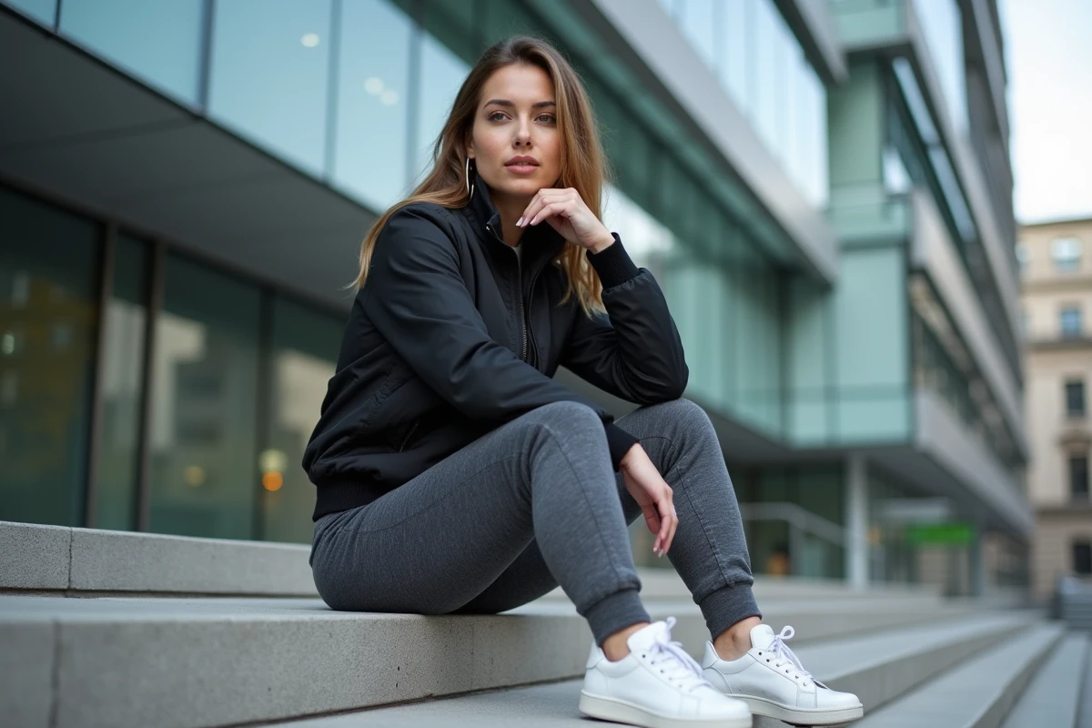 Femme streetwear assise sur des marches urbaines en bomber noir et jogger gris charbon devant un immeuble moderne