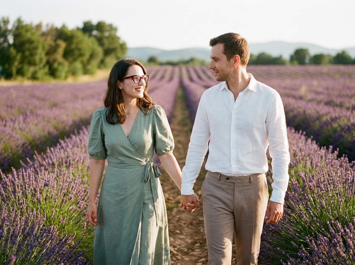 Couple romantique se promenant dans un champ de lavande en Provence, lunettes cat-eye bordeaux accordées avec une robe verte fluide