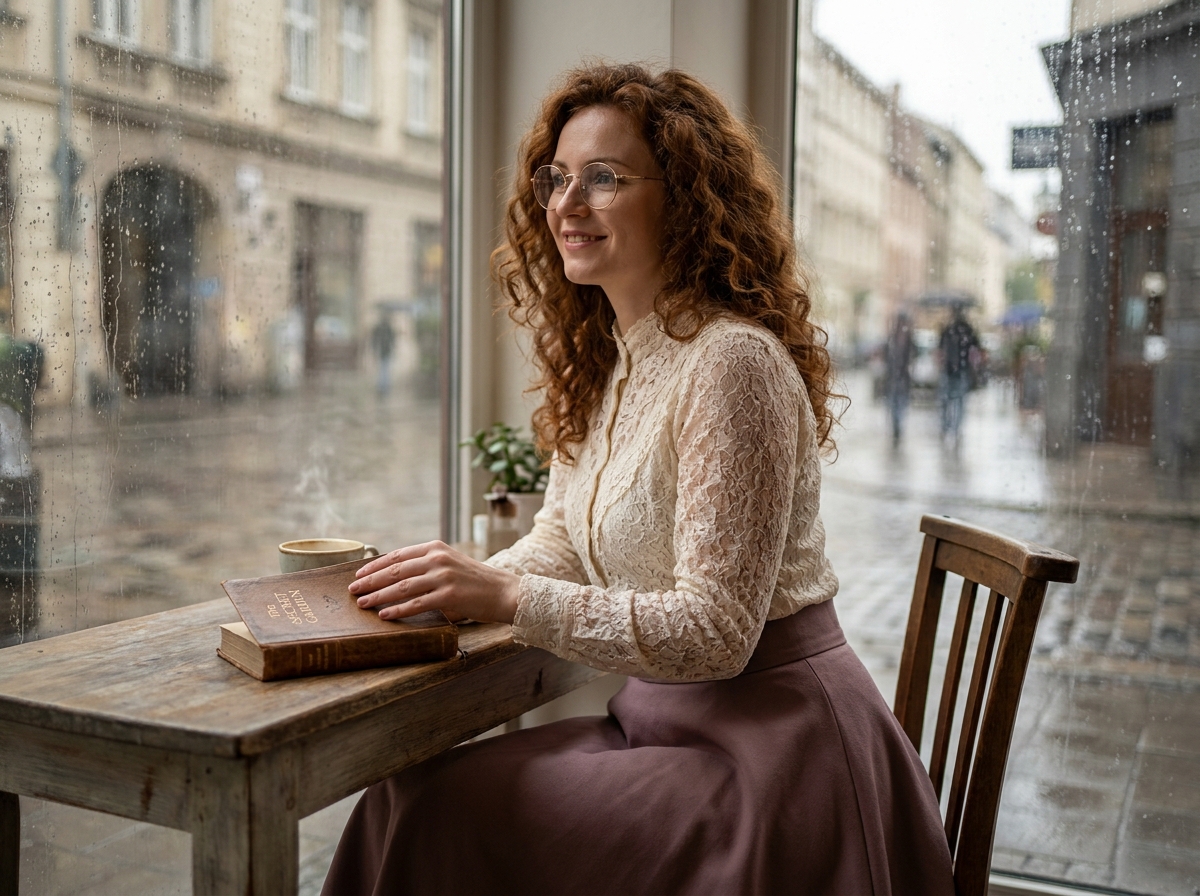 Femme aux lunettes rondes vintage et chemisier en dentelle romantique lisant dans un café sous la pluie