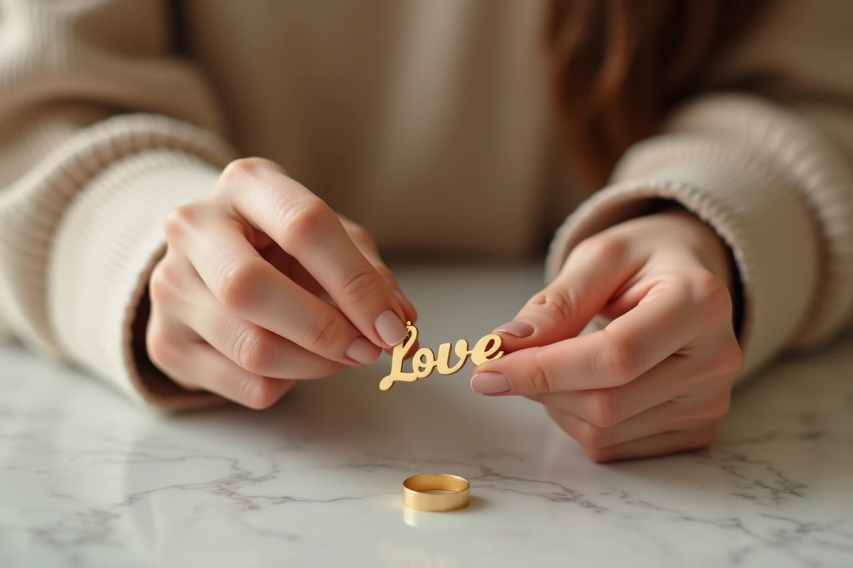 Main de femme tenant un pendentif en or gravé d'un prénom, examiné de près sur comptoir en marbre dans une bijouterie