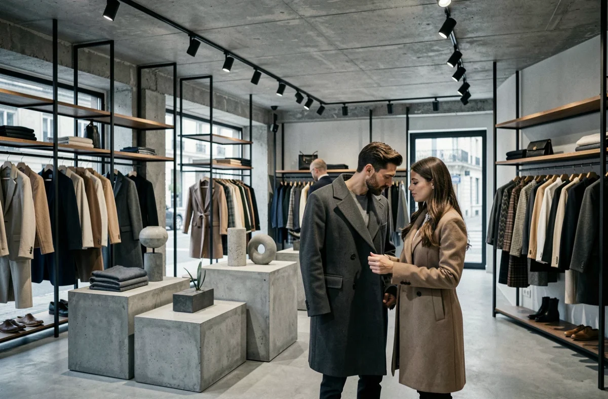 Intérieur du concept store Maison BDC à Saint-Etienne avec un décor industriel chic et des collections mode hommes et femmes