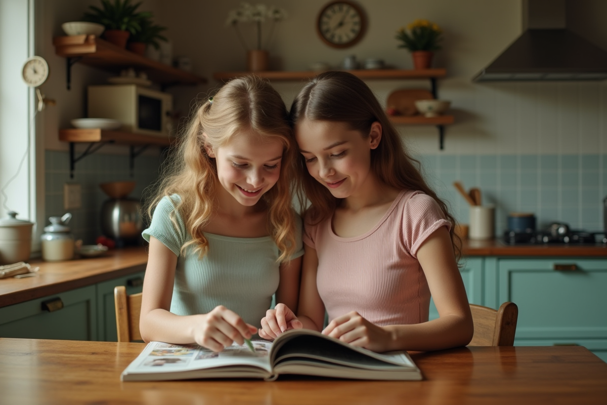 Mère et fille regardant magazine vintage en cuisine