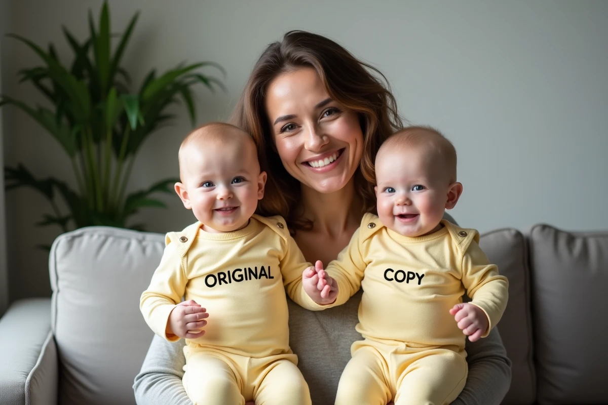 Maman souriante tenant ses jumeaux habillés de bodies jaunes personnalisés avec slogans humoristiques assortis