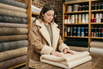 Femme portant un manteau fait main avec doublure sherpa dans une mercerie artisanale entourée de tissus d'hiver