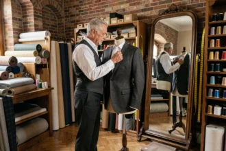 Un tailleur expérimenté ajuste une veste sur mesure dans un atelier artisanal des Hauts-de-France, entouré de tissus et d'outils de couture traditionnels.
