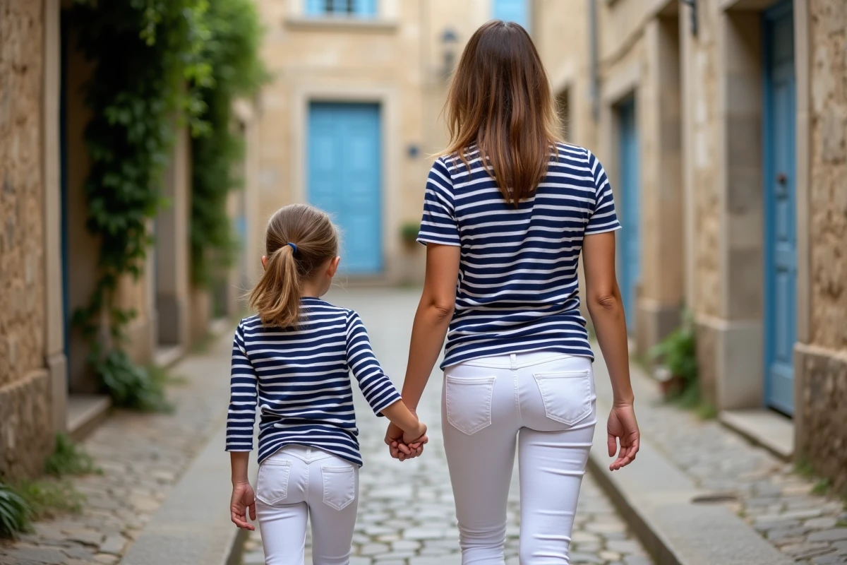 Mère et fille en marinières rayées bleu et blanc se promenant dans une ruelle pavée d'un village côtier français