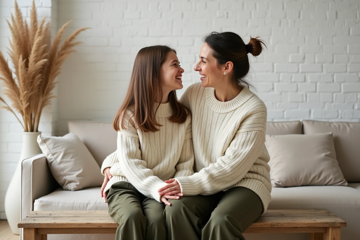 Duo mère fille en pulls coordonnés ivoire assis dans un salon scandinave épuré, look matchy matchy familial