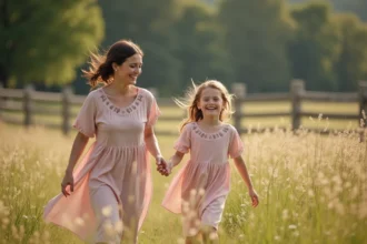 Mère et fille en tenues coordonnées roses dans un champ de fleurs sauvages, séance photo famille en plein air