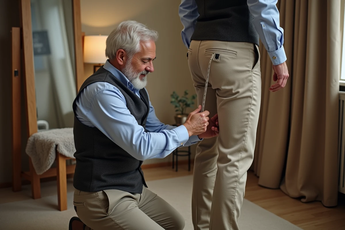 Tailleur masculin mesurant l'ourlet d'un pantalon beige sur un client en cabine d'essayage avec miroir et épingles