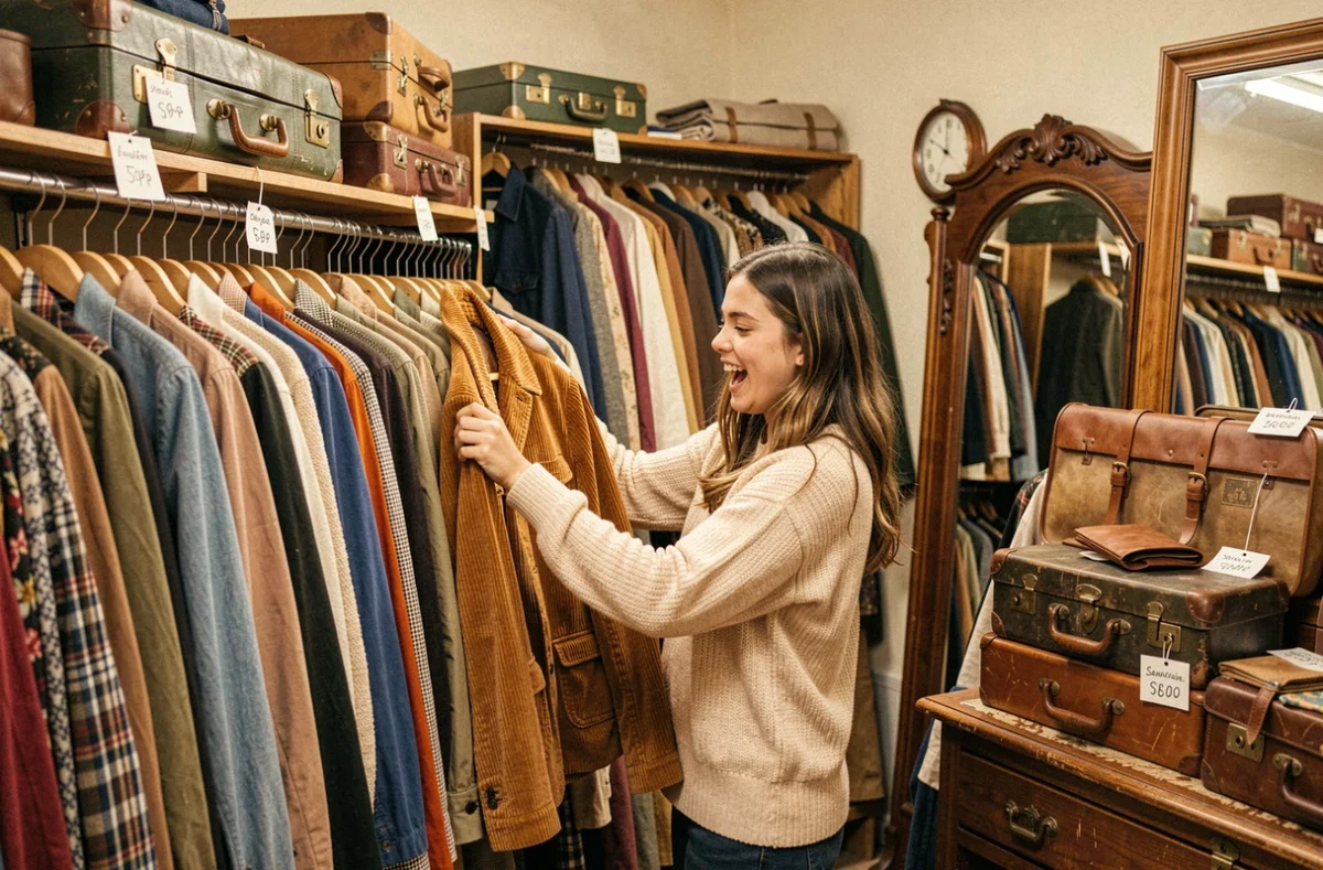 Intérieur de la friperie Modestie La Frip à Saint-Etienne avec des vêtements vintage sur des portants et une jeune cliente