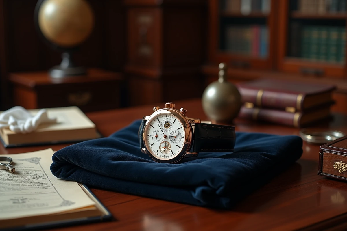 Montre de luxe ultra-rare posée sur velours marine sur un bureau en acajou avec loupe et certificat d'authenticité