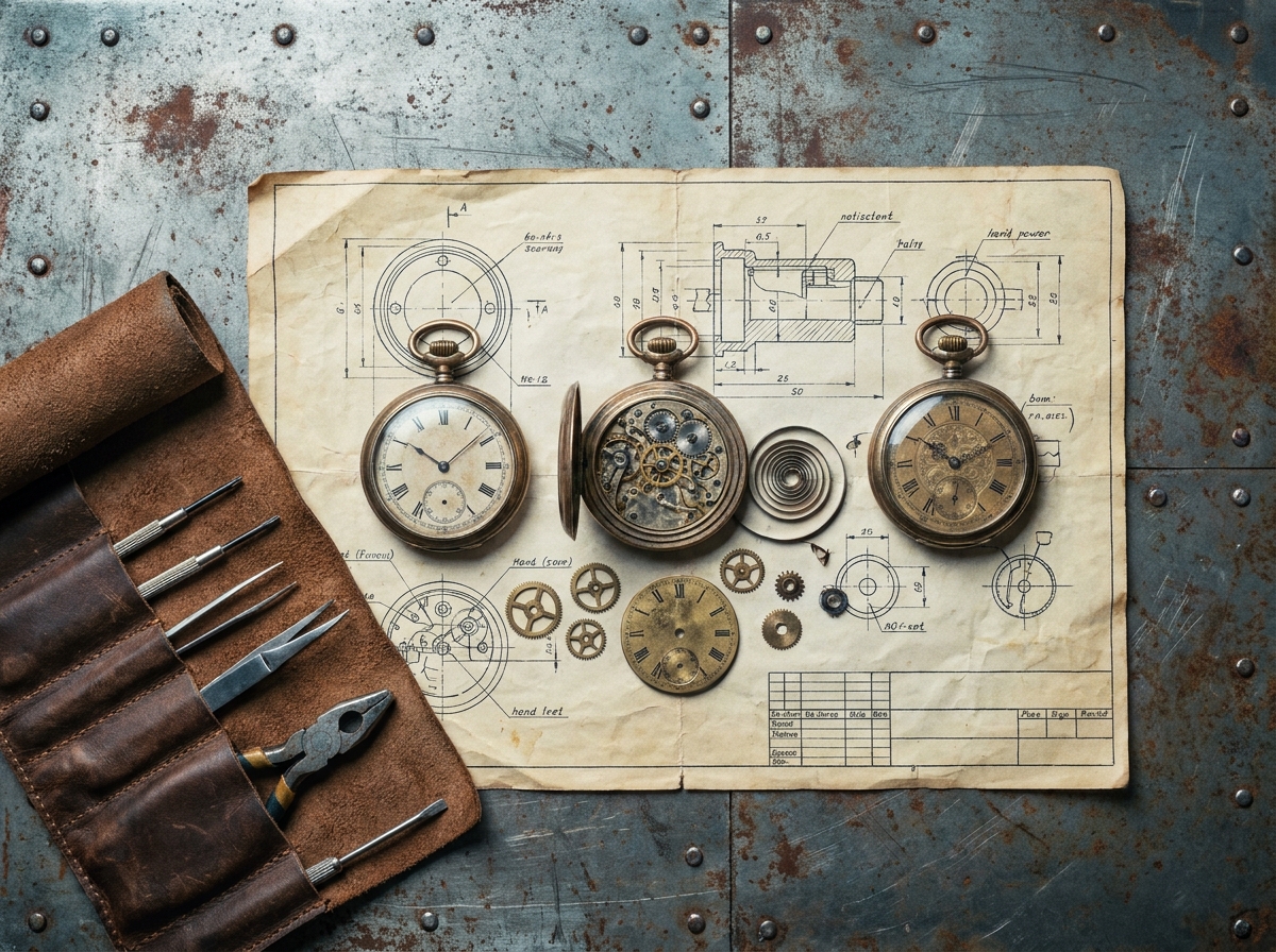 Montres à gousset démontées avec engrenages et outils d'horloger sur un établi steampunk industriel