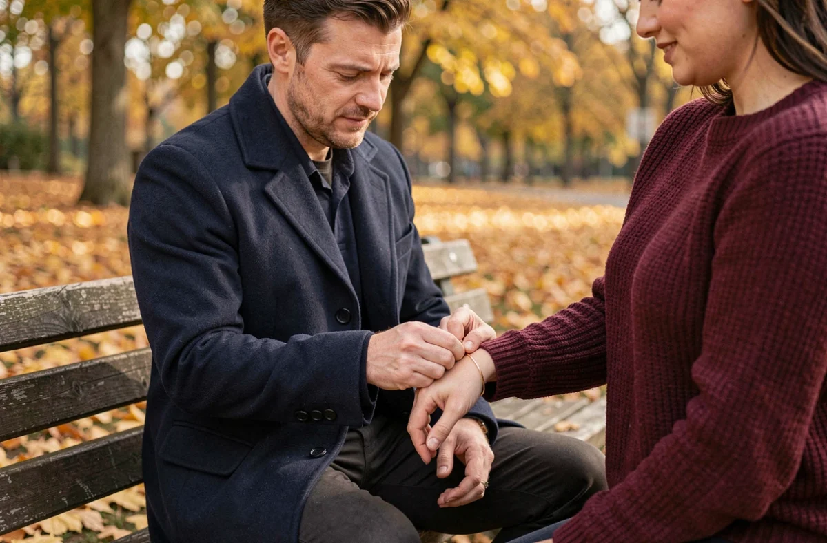 Homme offrant un bracelet d'amour à sa partenaire dans un parc en automne pour célébrer leur anniversaire de rencontre