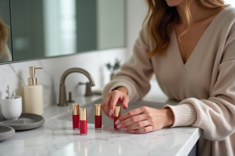 Femme organisant des rouges à lèvres sur un vanity moderne