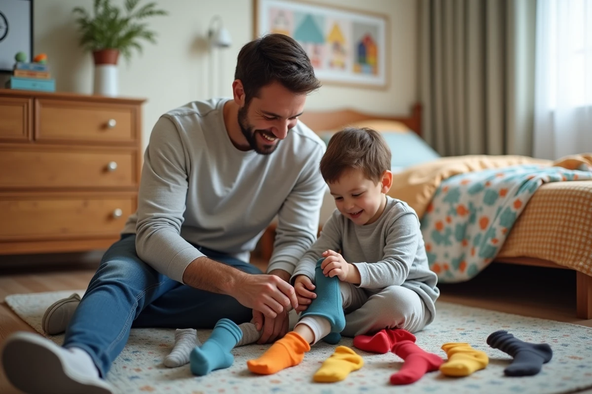 Père et enfant comparant des chaussettes dans la chambre
