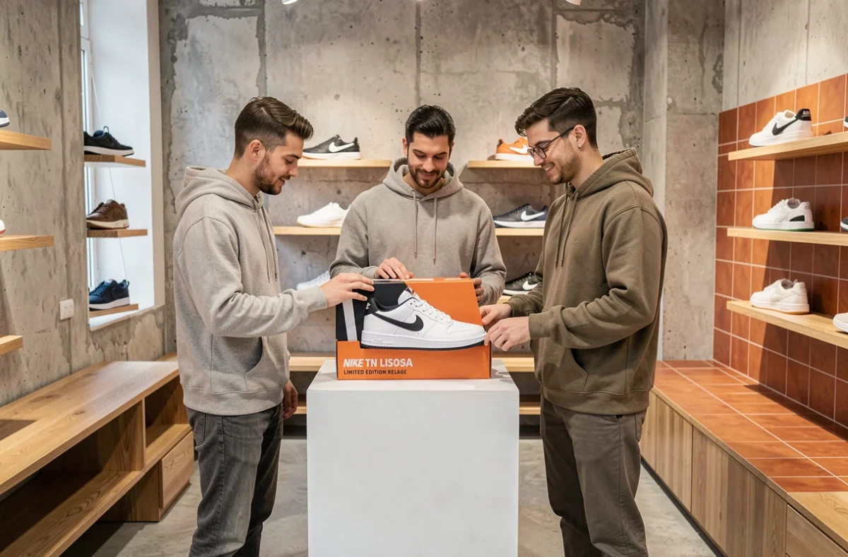 Groupe de passionnés de sneakers examinant la Nike TN Lisboa édition limitée dans une boutique minimaliste de Lisbonne