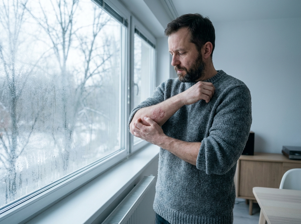 Homme avec peau atopique réactive en hiver près d'une fenêtre givrée dans un appartement