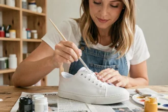 Femme débutante peignant une basket blanche avec un pinceau fin et de la peinture acrylique sur une table de travail en bois