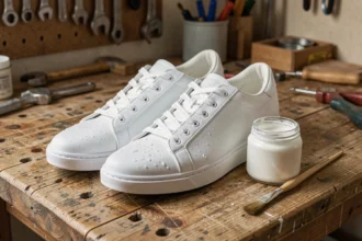 Peinture chaussure blanche appliquée sur des sneakers en cuir avec pinceau et pot de peinture résistante à la pluie
