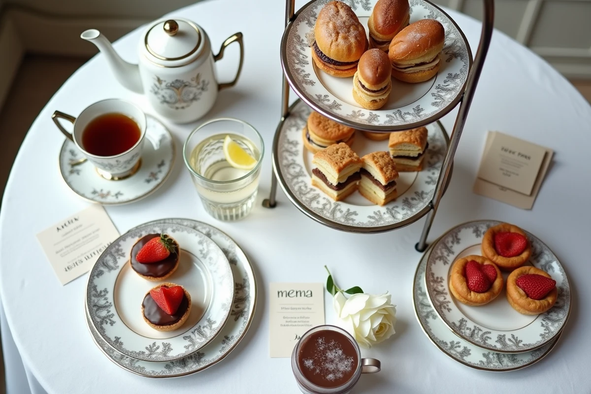 Plateau de thé gourmand parisien avec viennoiseries et sandwiches sur nappe en lin blanc dans un restaurant de la Rue Montaigne