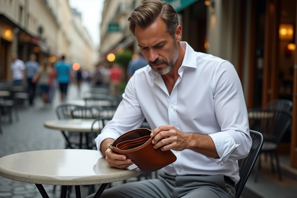 Homme d'affaires examinant l'intérieur d'une pochette en cuir cognac à une terrasse de café parisien