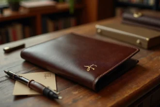 Portefeuille en cuir marron personnalisé avec initiales dorées posé sur un bureau en bois rustique