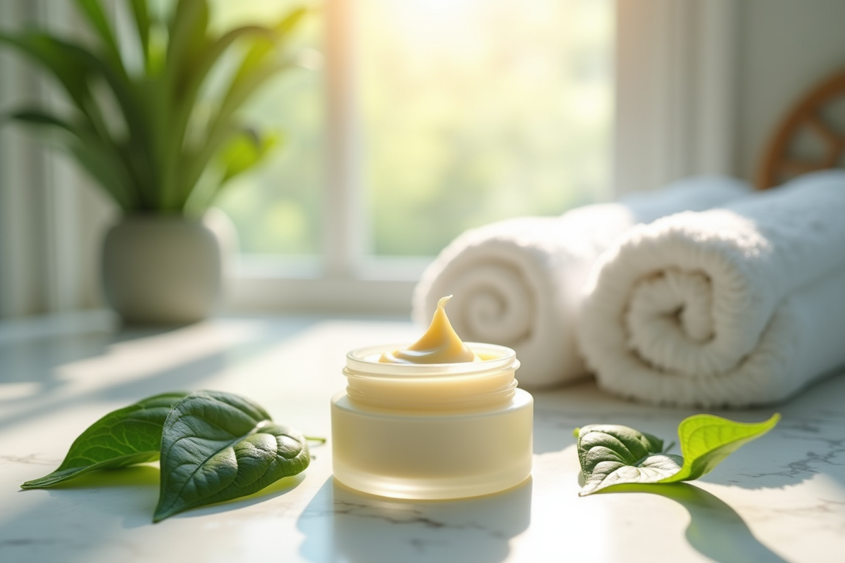 Pot de balm crème sur un marbre avec feuilles vertes et serviettes blanches