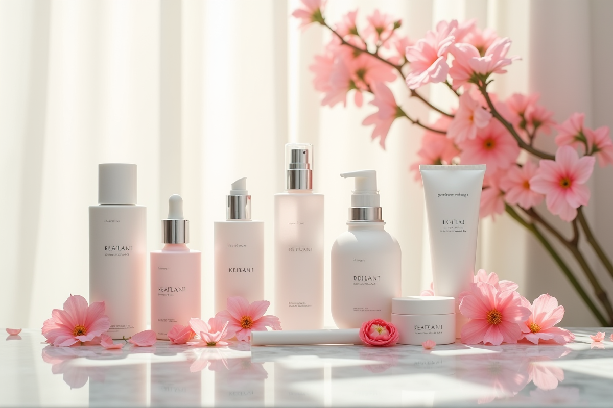 Plan flatlay produits de soin coréens avec fleurs et reflets