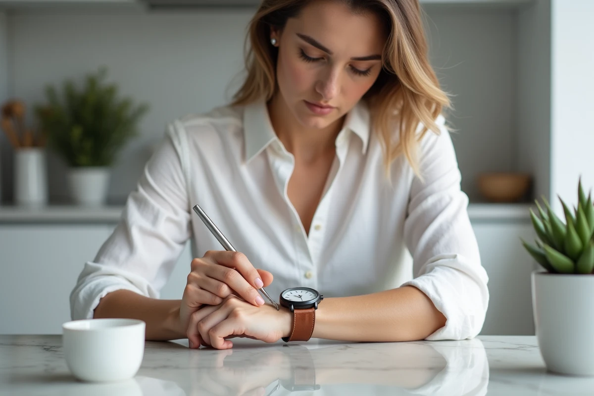 Femme ajustant les trous de boucle d'une montre double bracelet cuir chez elle dans une cuisine moderne