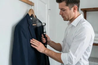 Homme repassant un costume marine à la vapeur verticale avec un défroisseur vapeur tenu à la main, veston suspendu sur un cintre en bois