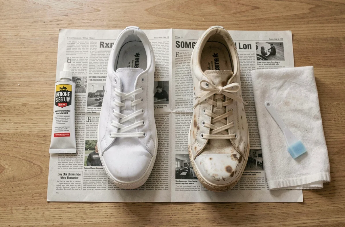Restauration de chaussures blanches avant et après application de peinture imperméable résistante à la pluie
