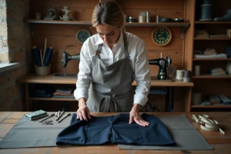 Couturière professionnelle épinglant l'ourlet d'un pantalon bleu marine sur une table de tailleur en bois dans un atelier de retouche traditionnel