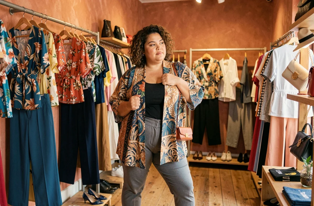 Boutique Rizada à Montbrison spécialisée mode grande taille avec une cliente essayant une veste kimono colorée