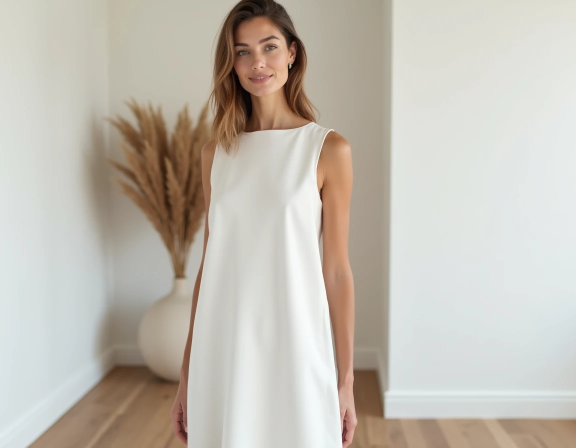 Femme portant une robe blanche structurée minimaliste dans un appartement scandinave au décor épuré en bois naturel