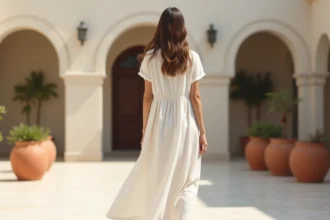 Femme en robe blanche en lin minimaliste sur une terrasse en marbre avec décor méditerranéen épuré