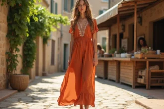 Femme en robe hippie maxi terracotta avec broderies portée dans une ruelle provençale en pierre