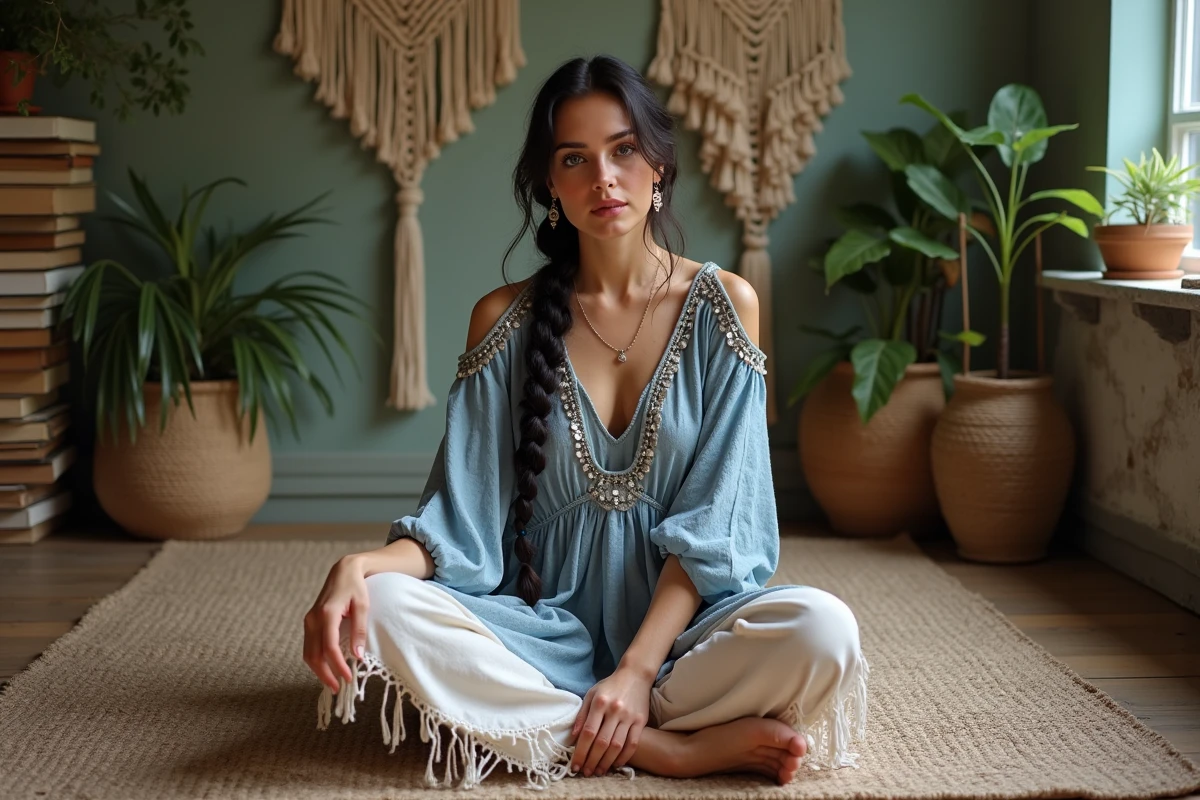 Femme portant une robe bohème indigo à franges et miroirs assise sur un tapis kilim dans un intérieur vintage