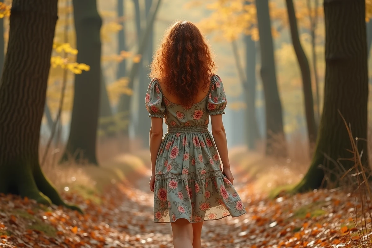 Femme en robe hippie courte à fleurs rose et sauge se promenant sur un chemin forestier en automne