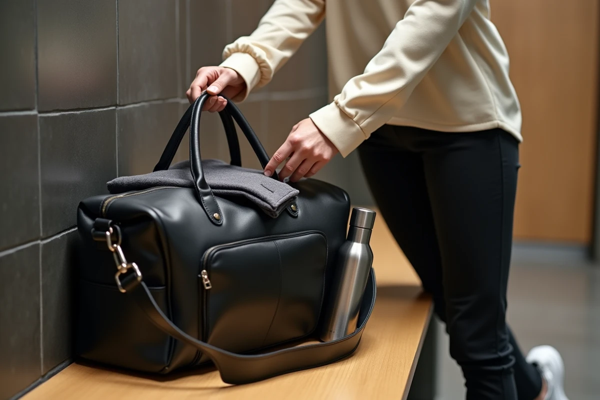 Femme posant un sac weekender en cuir noir ouvert sur un banc de vestiaire de salle de sport avec affaires de bureau
