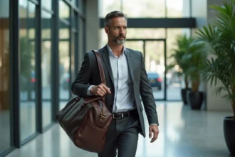Homme en costume portant un sac sport cuir marron en milieu professionnel pour allier bureau et sport