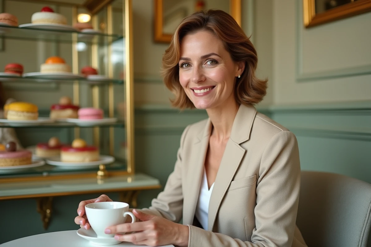 Femme dégustant un thé dans un salon de thé parisien raffiné près de l'Avenue Montaigne avec présentoir de macarons