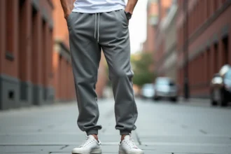 Homme portant un sarouel jogging gris bien ajusté avec un t-shirt blanc et des sneakers minimalistes, exemple de style réussi en milieu urbain