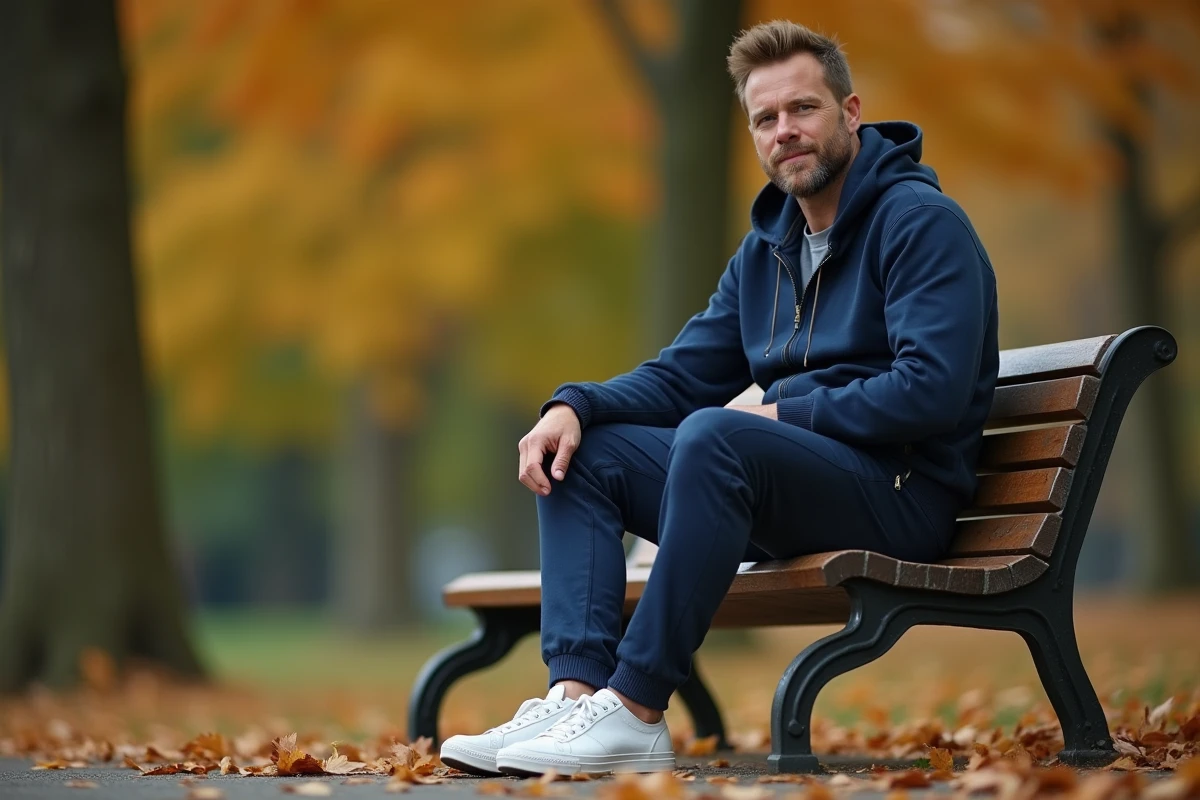 Homme en sarouel jogging bleu marine assorti à un hoodie zippé et des sneakers, assis sur un banc de parc en automne, exemple de tenue décontractée réussie