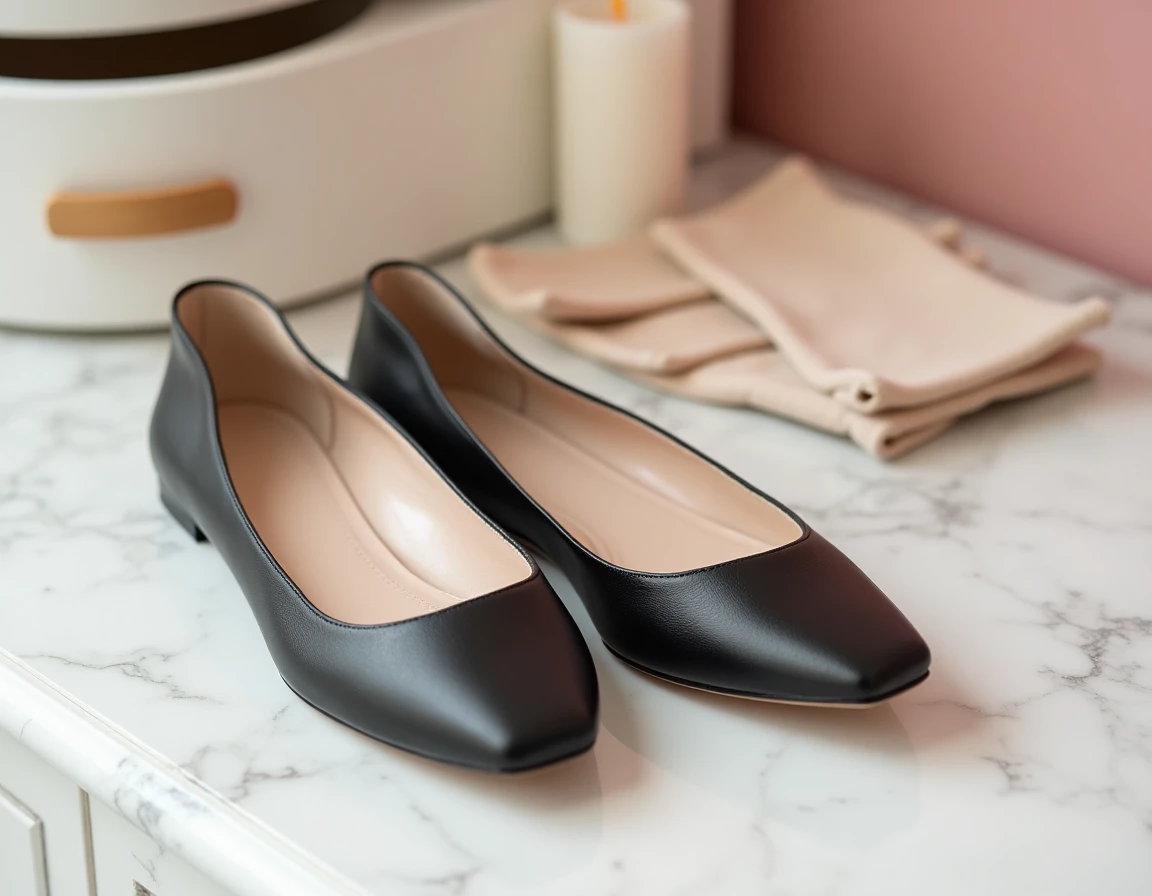 Semelles de confort pour ballerines noires trop grandes posées sur marbre blanc