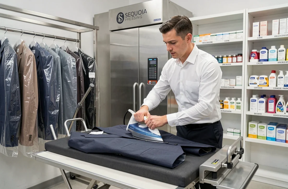 Un technicien de Sequoia Pressing repasse professionnellement une veste de costume tailleur avec un fer à vapeur dans un atelier de pressing moderne et équipé.