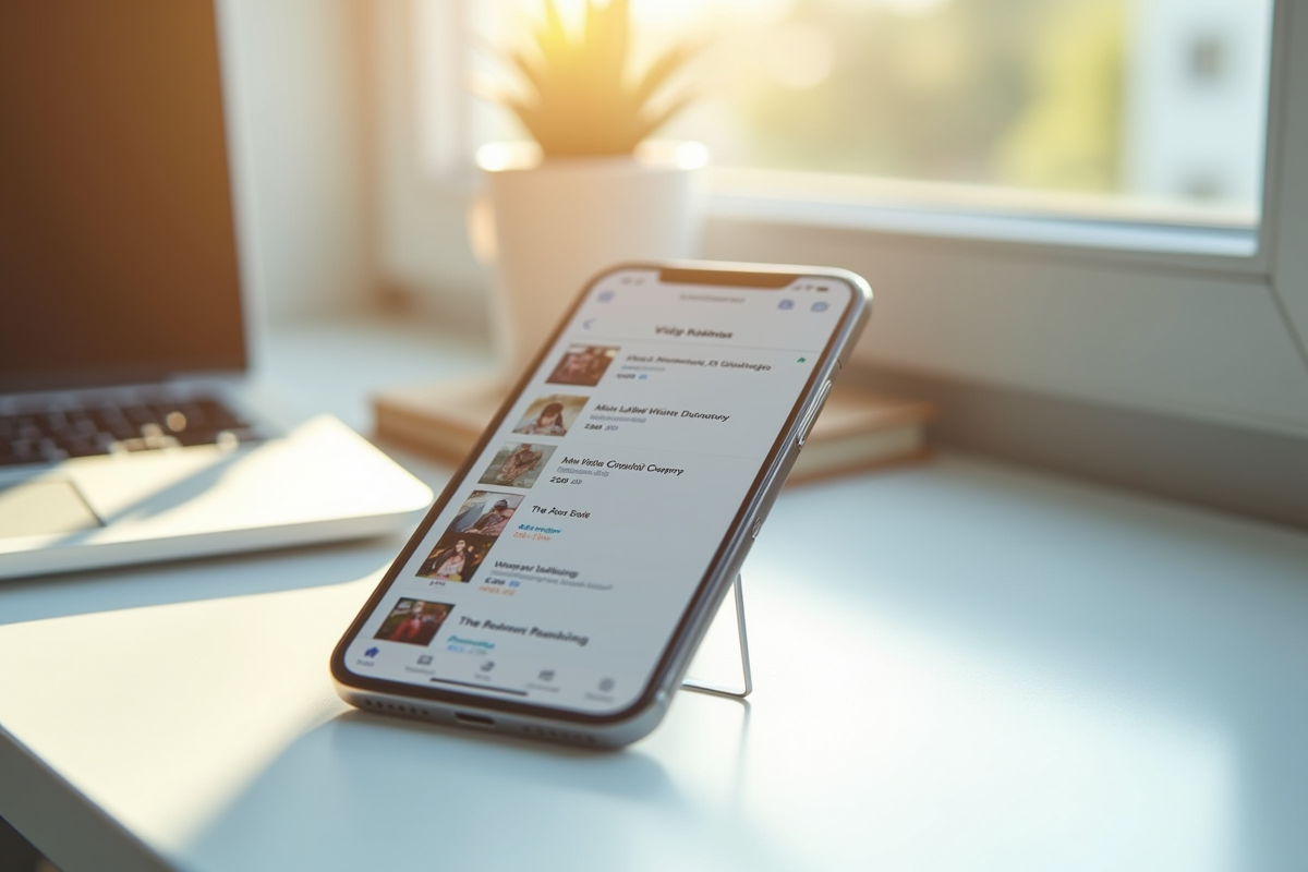 Smartphone moderne affichant une page de classement Vinted