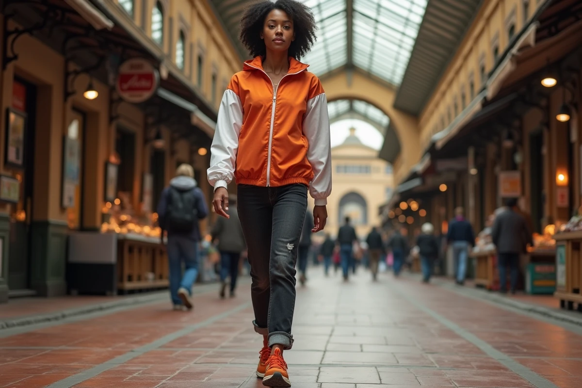 Femme en streetwear dynamique portant un coupe-vent color block rouille marchant dans un passage de marché couvert