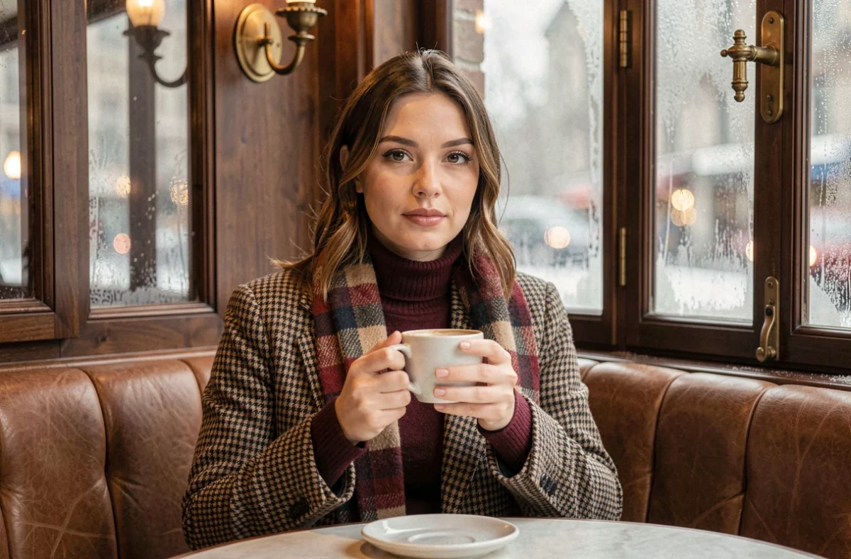 Femme chic en pull cachemire bordeaux et blazer prince de galles attablée dans une brasserie parisienne en hiver