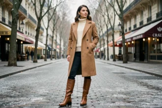 Femme élégante en manteau camel et col roulé ivoire sur un boulevard parisien en hiver, tenue chic superposée